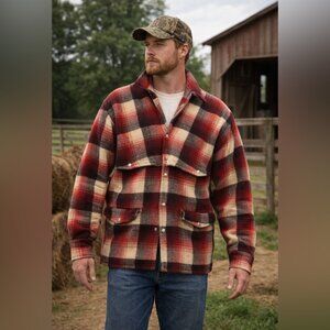 Vintage Pioneer Red Plaid Wool Hunting Jacket Mens Lumberjack Chore Coat